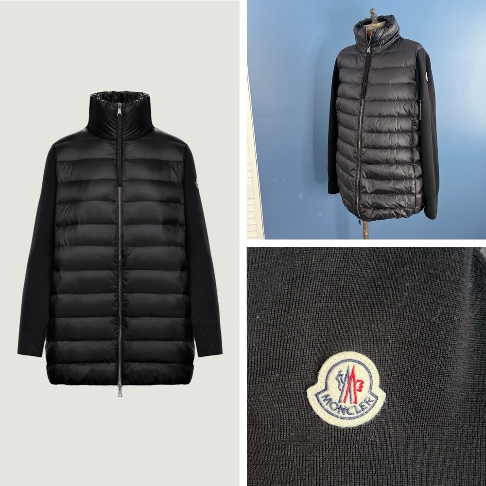 Moncler MAGLIONE Tricot Wool Knit & Quilted Down Cardigan Black Coat Women Large